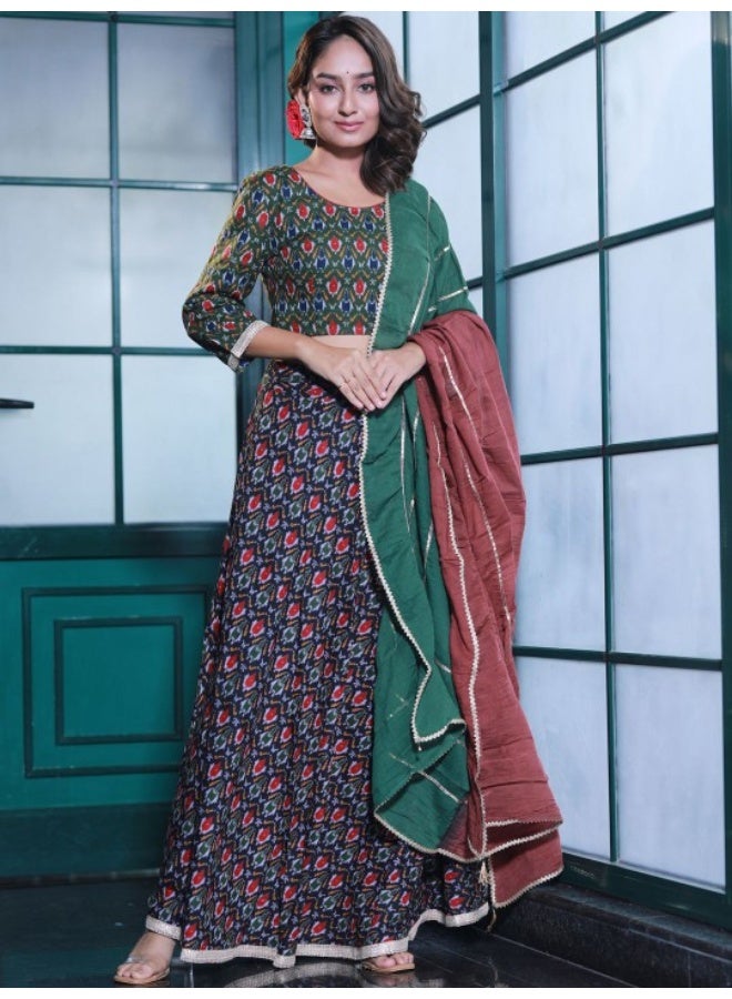 AKS Green And Blue Printed Lehenga Choli With Dupatta - Image 3