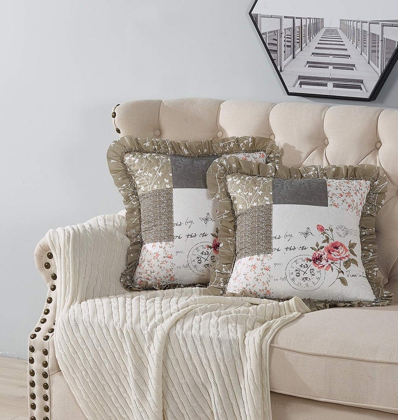 Brilliant Sunshine Rose and Grey Toile Patchwork Ruffle Pillowshams Quilted Decorative Pillow Covers Set Square Throw Cushion Cases for Couch Recliner Armchair Bed 18x18 Pack of 2 Rose Grey