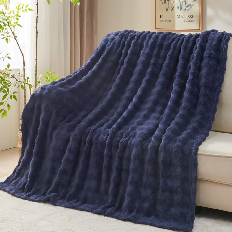 NEWCOSPLAY Twin Blanket for Couch Dark Navy Super Soft Flannel Fleece 3D Bubble Lightweight Bed Blanket All Season Use (Dark Navy  Twin(60 ""x80 "")) - Image 1