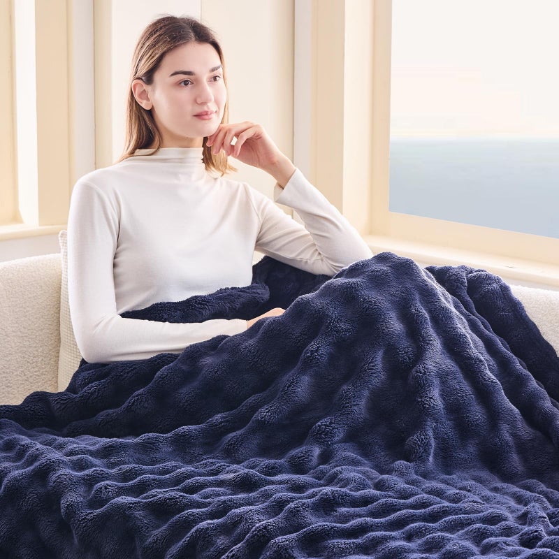 NEWCOSPLAY Twin Blanket for Couch Dark Navy Super Soft Flannel Fleece 3D Bubble Lightweight Bed Blanket All Season Use (Dark Navy  Twin(60 ""x80 "")) - Image 3