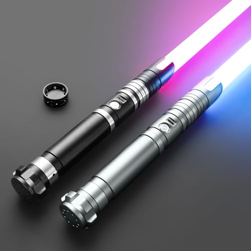 DAMIENSABER 2 Pack 4 Sound Fonts Light Sabers RGB Heavy Dueling Light Sabers 12 Colors Changing for Adults Volume Adjustable Metal Hilt Light Saber with Black ConnectorNot APP Version - Image 1