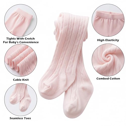 SYGA Baby Tights For Girls Soft Cotton Infant Leggings Toddler Solid Knit Socks Newborn Warm Crochet Pants Stockings - Pink 0-6 Months - Image 4