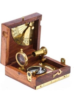Keyfim Shop Antique Brass Nautical Compass, Magnifier and Telescope Set in Wooden Box  - Image 1