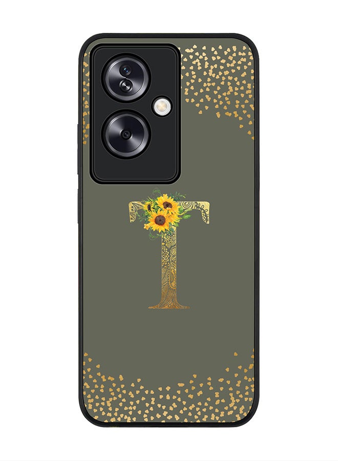 Stylizedd Rugged Black Edge Case for Oppo A79 5G, Slim fit Case Cover Custom Monogram Initial Letter Floral Pattern Alphabet - T (Olive Green) - Image 1