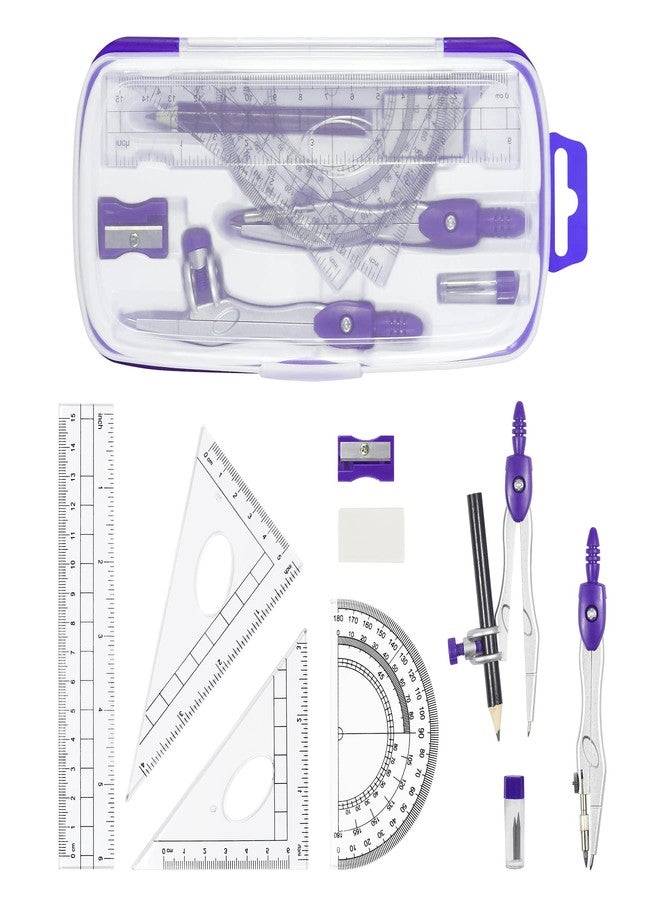 Unjoo Math Geometry Kit Sets 10 Piece Student Supplies with Shatterproof Storage Box,Includes Rulers,Protractor,Compass,Eraser,Pencil Sharpener,Lead Refills,Pencil,for Drafting and Drawings（Purple） - Image 2
