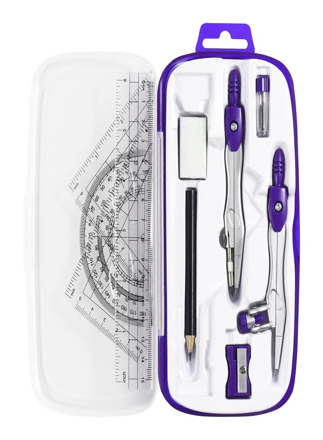 Unjoo Math Geometry Kit Sets 10 Piece Student Supplies with Shatterproof Storage Box,Includes Rulers,Protractor,Compass,Eraser,Pencil Sharpener,Lead Refills,Pencil,for Drafting and Drawings（Purple） - Image 1