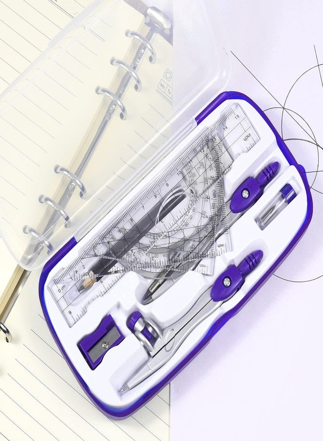 Unjoo Math Geometry Kit Sets 10 Piece Student Supplies with Shatterproof Storage Box,Includes Rulers,Protractor,Compass,Eraser,Pencil Sharpener,Lead Refills,Pencil,for Drafting and Drawings（Purple） - Image 4