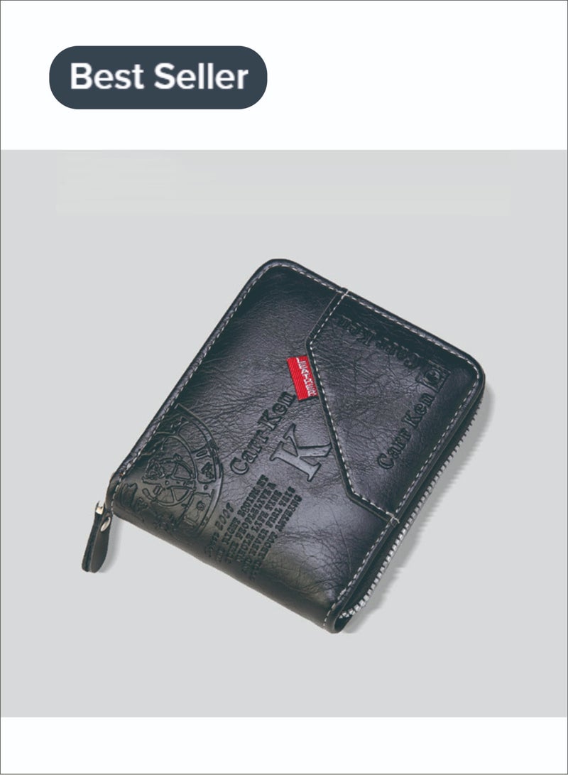 CarrKen Men's Short Wallet European and American Fashion Retro Multifunctional Wallet Zipper Buckle Card Holder Black - Image 1