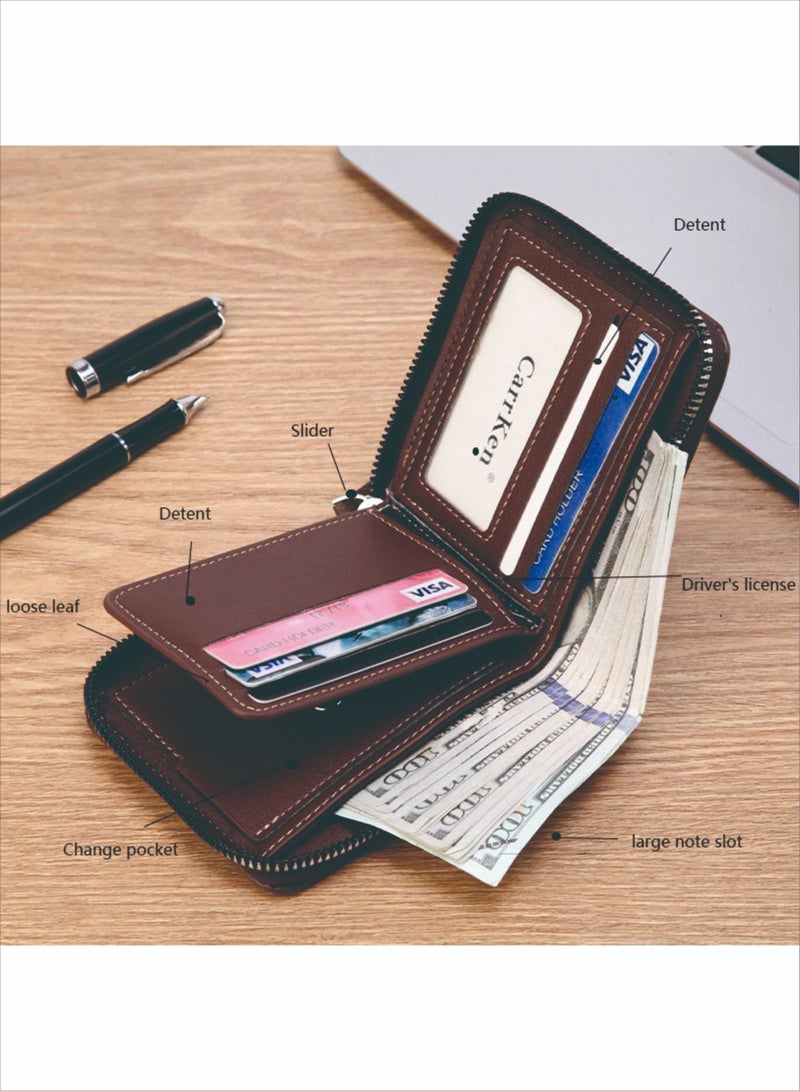 CarrKen Men's Short Wallet European and American Fashion Retro Multifunctional Wallet Zipper Buckle Card Holder Black - Image 3