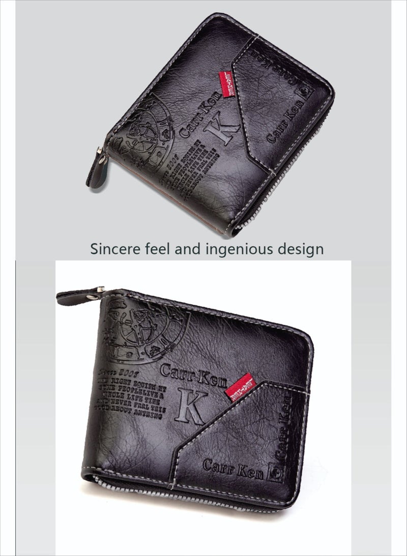 CarrKen Men's Short Wallet European and American Fashion Retro Multifunctional Wallet Zipper Buckle Card Holder Black - Image 4
