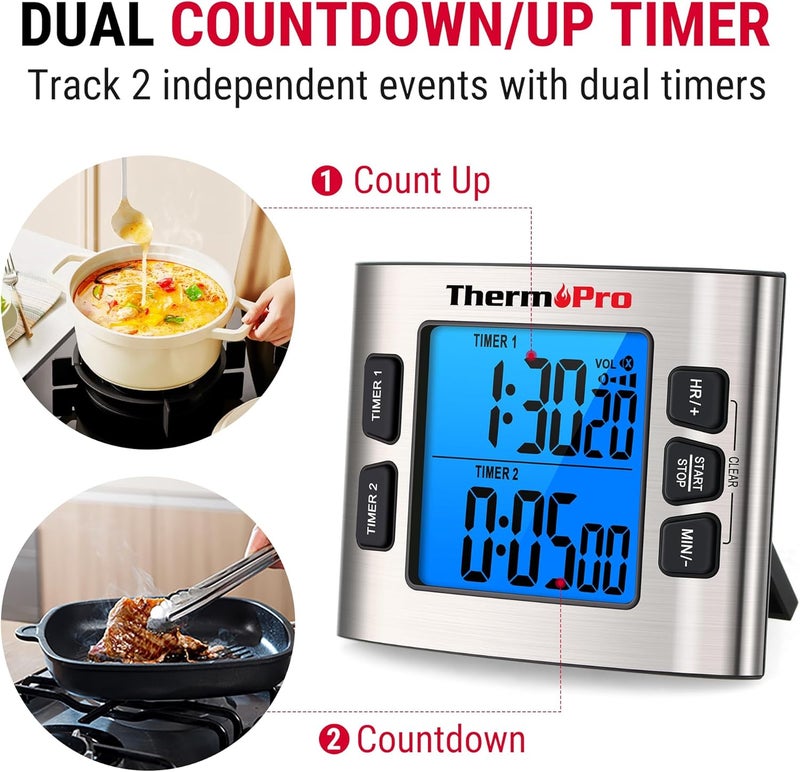 ThermoPro TM02 مؤقت رقمي 24 ساعة مع مؤقتين مطبخ مزدوجين للطهي، ساعة توقيت مغناطيسية مع حجم إنذار قابل للتعديل وشاشة LCD مضاءة، مؤقت للفصول الدراسية للأطفال والمعلمين - Image 3