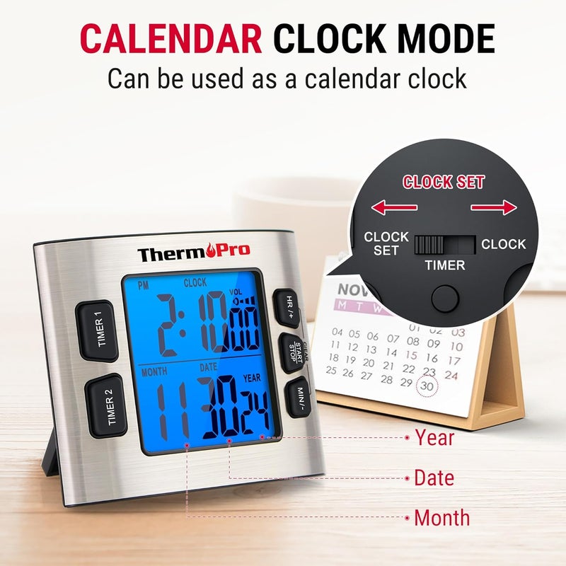 ThermoPro TM02 مؤقت رقمي 24 ساعة مع مؤقتين مطبخ مزدوجين للطهي، ساعة توقيت مغناطيسية مع حجم إنذار قابل للتعديل وشاشة LCD مضاءة، مؤقت للفصول الدراسية للأطفال والمعلمين - Image 4