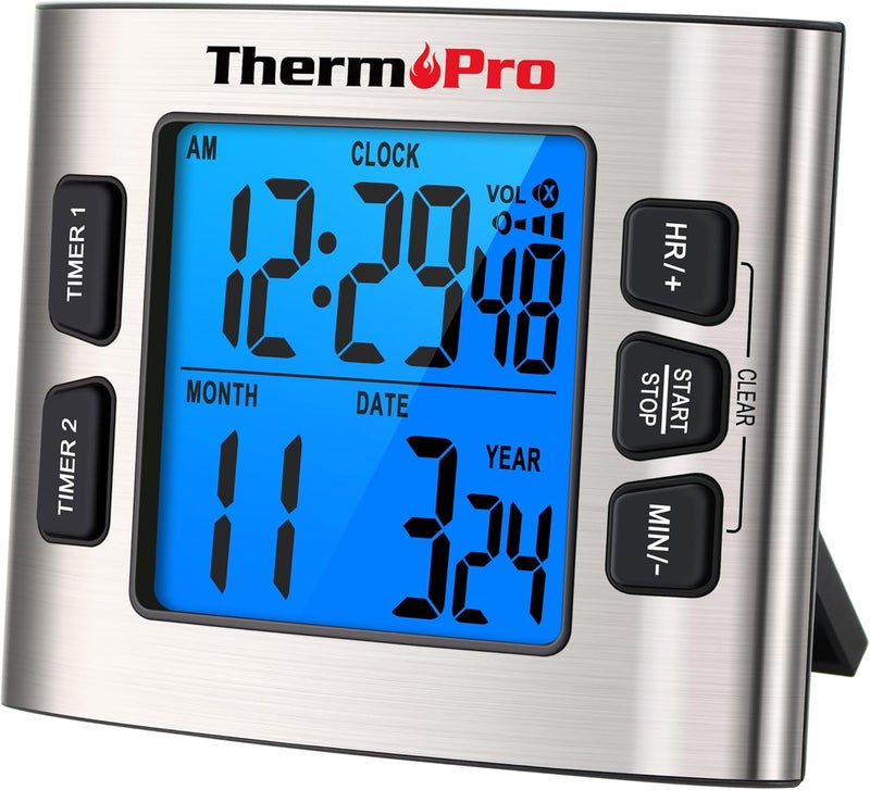 ThermoPro TM02 مؤقت رقمي 24 ساعة مع مؤقتين مطبخ مزدوجين للطهي، ساعة توقيت مغناطيسية مع حجم إنذار قابل للتعديل وشاشة LCD مضاءة، مؤقت للفصول الدراسية للأطفال والمعلمين - Image 1