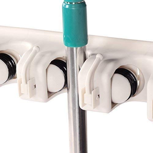 ONSUR Broom Mop Holder Stand Wall Mounted 5 Slot Broom Mop Stick Holder 6 Hook Hanger Automatic Adjustable Slot Useful in Garage Garden Home Office Plastic Mop Broom Organiser - Image 4