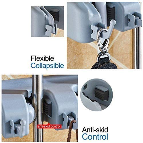 ONSUR Broom Mop Holder Stand Wall Mounted 5 Slot Broom Mop Stick Holder 6 Hook Hanger Automatic Adjustable Slot Useful in Garage Garden Home Office Plastic Mop Broom Organiser - Image 5