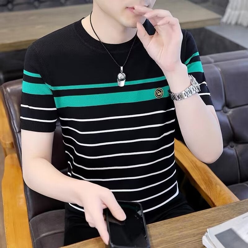 Factory Direct Summer Thin Men's Short Sleeve Round Neck Thin T-Shirt Casual Simple Striped Youth plus size Men's Wear