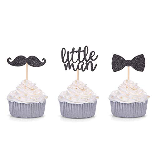 Giuffi 24 PCS Black Glitter Little Man Mini Mustache Bowtie Cupcake Toppers for Baby Shower Kid's Birthday Party Decorations - Image 1