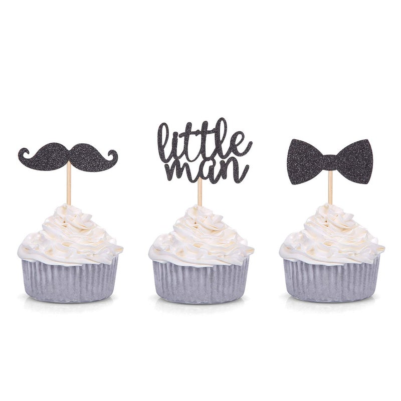 Giuffi 24 PCS Black Glitter Little Man Mini Mustache Bowtie Cupcake Toppers for Baby Shower Kid's Birthday Party Decorations - Image 2