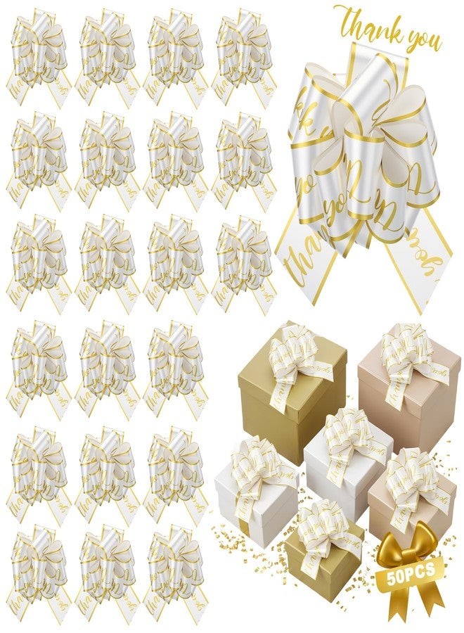 Hotop 50 Pcs Large Thank You Pull Bows for Gift Wrapping 6 Inch White Gold Bows for Gift Baskets Package Boxes Flower Wedding Employee Graduation Decor Baby Shower Birthday Party Supplies - Image 1