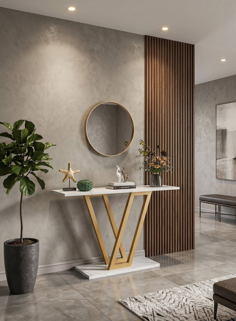 Homeonaire 110 cm Modern Gold Console Table with Faux White Marble Top Narrow Entryway & Sofa Table for Hallway or Living Room, Sturdy Metal Frame | Easy Assembly | 110 x 80 x 30 cm - Image 2