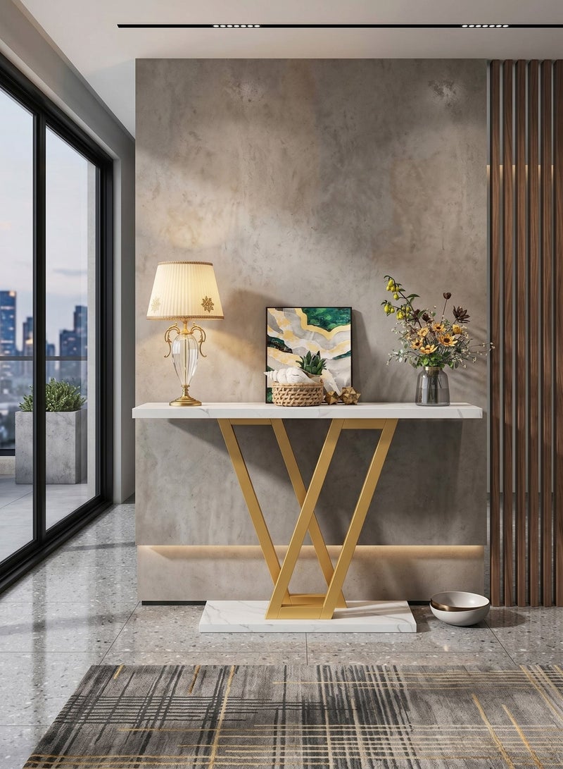 Homeonaire 110 cm Modern Gold Console Table with Faux White Marble Top Narrow Entryway & Sofa Table for Hallway or Living Room, Sturdy Metal Frame | Easy Assembly | 110 x 80 x 30 cm - Image 1