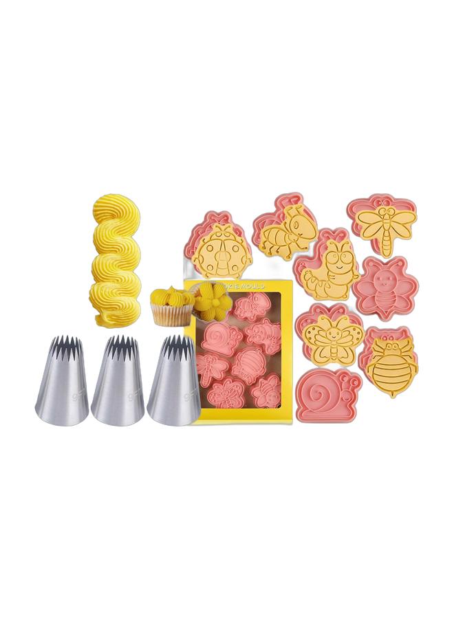 Baking Bundle, Large Star Churro Piping Tips 3‑Pack & 8 Pcs Insect Cookie Cutter Stamp Set, Stainless Steel Pastry Nozzles for Home DIY Biscuit Pastry Decorating - Image 1