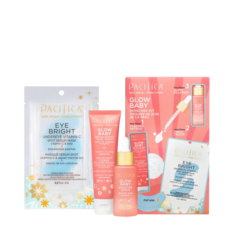 Pacifica Pacifica Beauty | Glow Baby Vitamin C Trial + Value Kit | 3-Piece Skin Care Gift Set | Travel Friendly | Brightening Face Serum, Face Wash/Cleanser, Under Eye Patches | Glycolic Acid, AHA | Vegan 