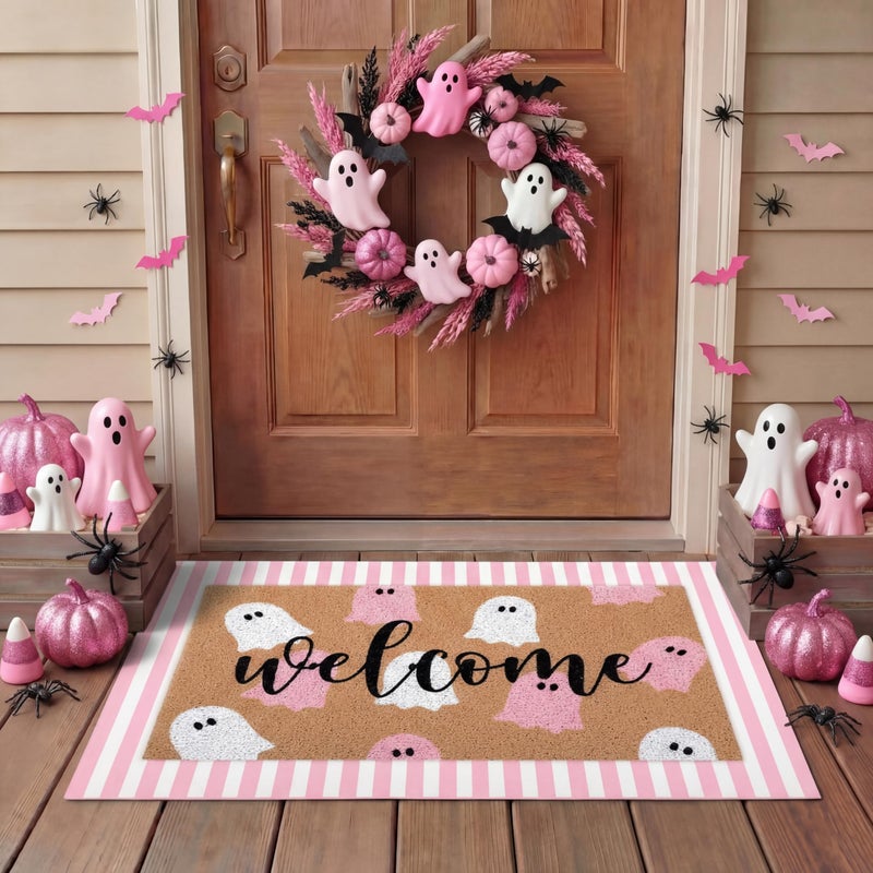Tinideya 2 Pcs Door Mat Welcome Non Slip Coir Mats Floor Layering Doormats Seasonal for Front Porch Entryway DecorPink White Ghost - Image 2