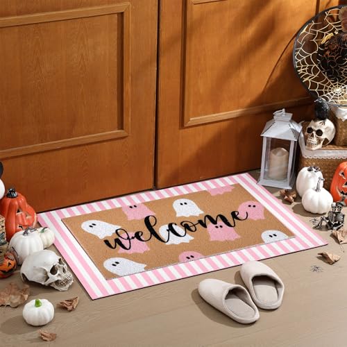 Tinideya 2 Pcs Door Mat Welcome Non Slip Coir Mats Floor Layering Doormats Seasonal for Front Porch Entryway DecorPink White Ghost - Image 3