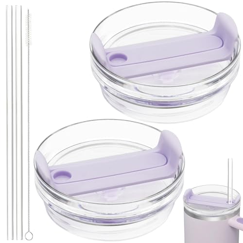 TiciKim 40oz Tumbler Lid Compatible for Stanley, 2 Pack Replacement Tumbler Lids Fit for Stanley Quencher 2.0 Tumbler 40 OZ, with Straws and Cleaning Brush (Orchid) - Image 1