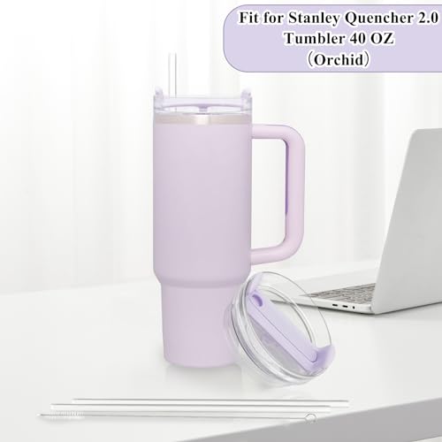 TiciKim 40oz Tumbler Lid Compatible for Stanley, 2 Pack Replacement Tumbler Lids Fit for Stanley Quencher 2.0 Tumbler 40 OZ, with Straws and Cleaning Brush (Orchid) - Image 5