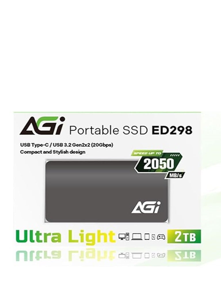 أجي SSD External 2TB USB3.2 Gen2x2 Max Read Speed 2050MB/s Type-C Cable for PS5/PS4/Win/Mac (Certified Working) Aluminum Case ED298 Portable SSD  - Image 1