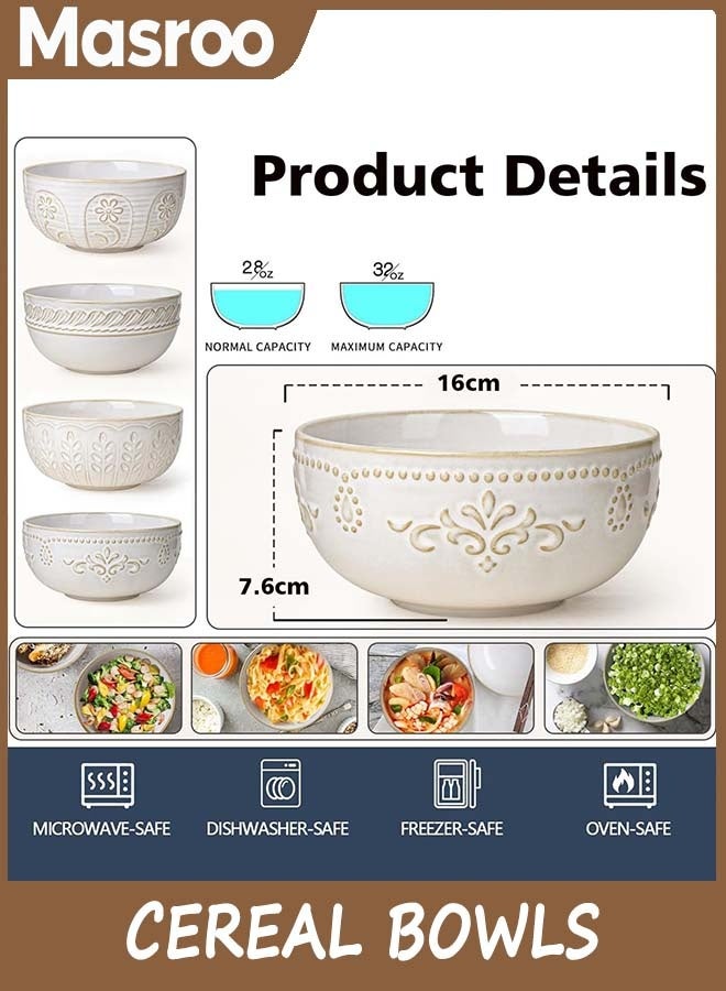 Masroo Cereal Bowls 32 OZ, Soup Bowls Set of 4, Embossment Ceramic Ramen Bowl, 6.3 Inch White Salad Bowls, Large Dinner Bowl for Pho, Noodle, Pasta, Snack, Dishwasher Microwave Safe - Image 3