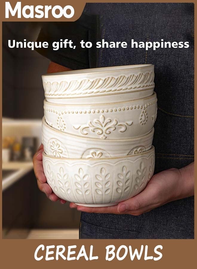 Masroo Cereal Bowls 32 OZ, Soup Bowls Set of 4, Embossment Ceramic Ramen Bowl, 6.3 Inch White Salad Bowls, Large Dinner Bowl for Pho, Noodle, Pasta, Snack, Dishwasher Microwave Safe - Image 5