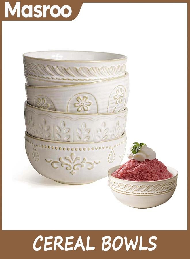 Masroo Cereal Bowls 32 OZ, Soup Bowls Set of 4, Embossment Ceramic Ramen Bowl, 6.3 Inch White Salad Bowls, Large Dinner Bowl for Pho, Noodle, Pasta, Snack, Dishwasher Microwave Safe - Image 1