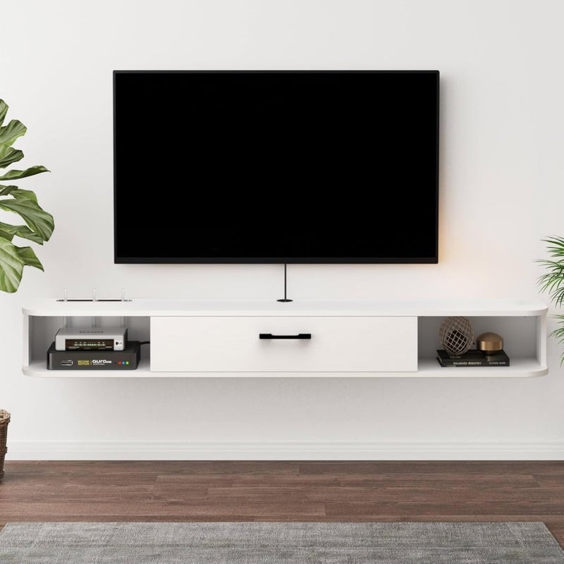 Bixiaomei Floating TV Unit, 47'' Wall Mounted TV Cabinet, Floating Shelves with Door, Modern Entertainment Media Console Center Large Storage TV Bench for Living Room & Office (47.24IN, White) - Image 1