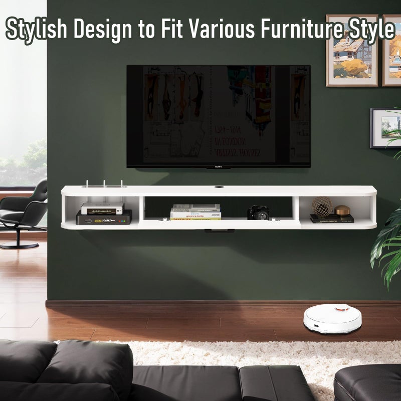 Bixiaomei Floating TV Unit, 47'' Wall Mounted TV Cabinet, Floating Shelves with Door, Modern Entertainment Media Console Center Large Storage TV Bench for Living Room & Office (47.24IN, White) - Image 5