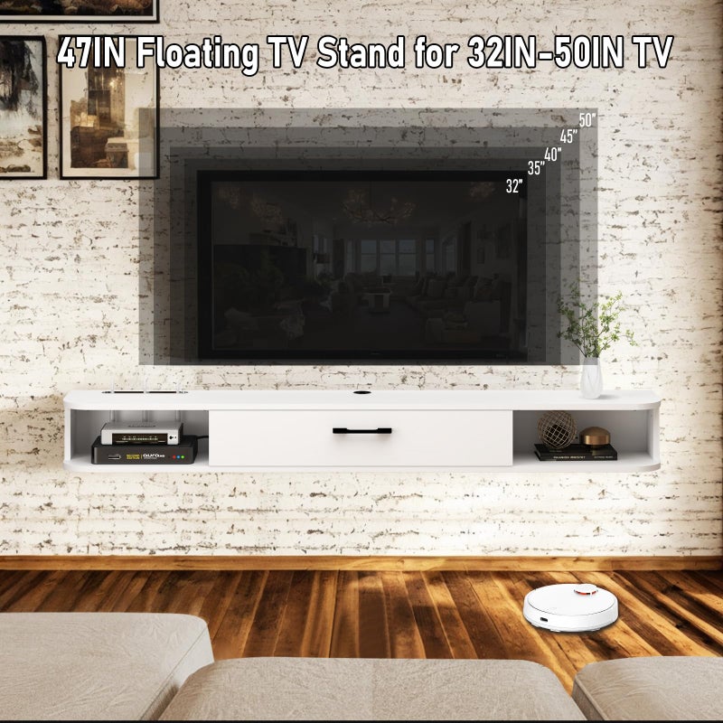 Bixiaomei Floating TV Unit, 47'' Wall Mounted TV Cabinet, Floating Shelves with Door, Modern Entertainment Media Console Center Large Storage TV Bench for Living Room & Office (47.24IN, White) - Image 4