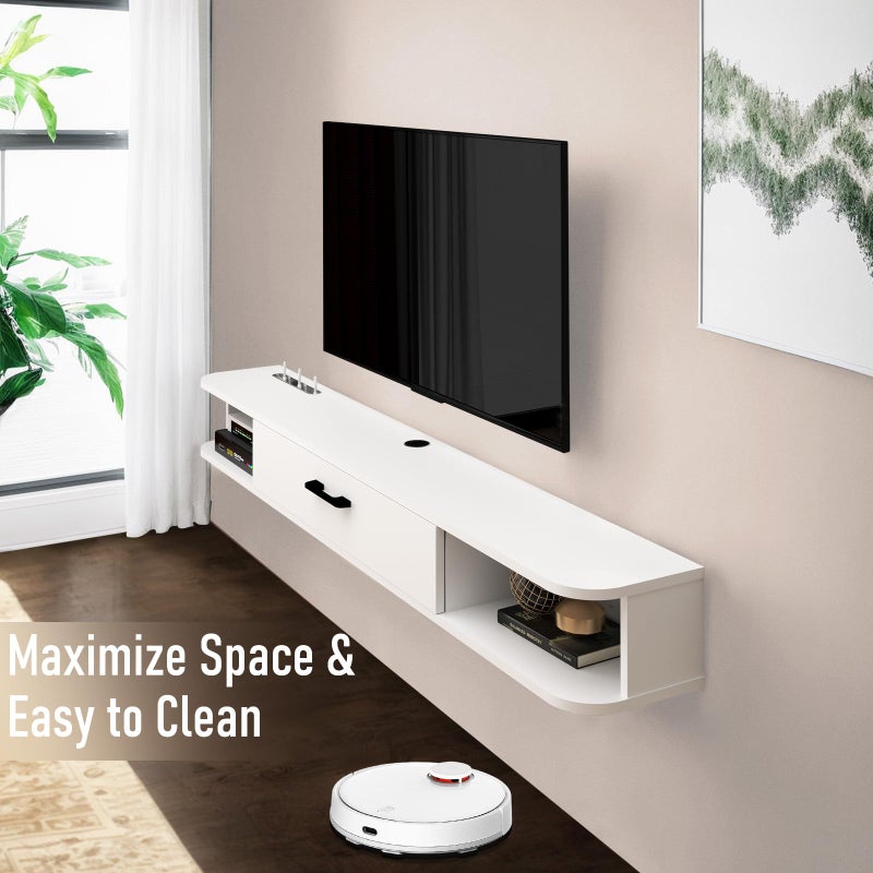 Bixiaomei Floating TV Unit, 47'' Wall Mounted TV Cabinet, Floating Shelves with Door, Modern Entertainment Media Console Center Large Storage TV Bench for Living Room & Office (47.24IN, White) - Image 2