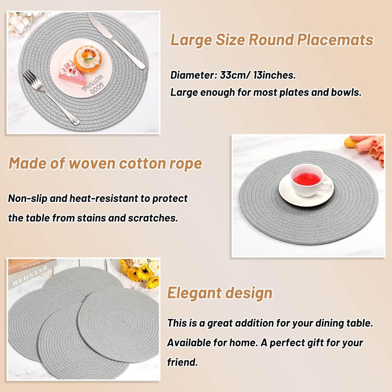 Billbotk Round Woven Placemats Set of 4, 13 Inches Table Place Mats for Dining Table, Hot Pads for Kitchen, Trivets for Hot Dishes, Pots and Pans,Tabletop Accessories(LightGray) ï»¿ - Image 3