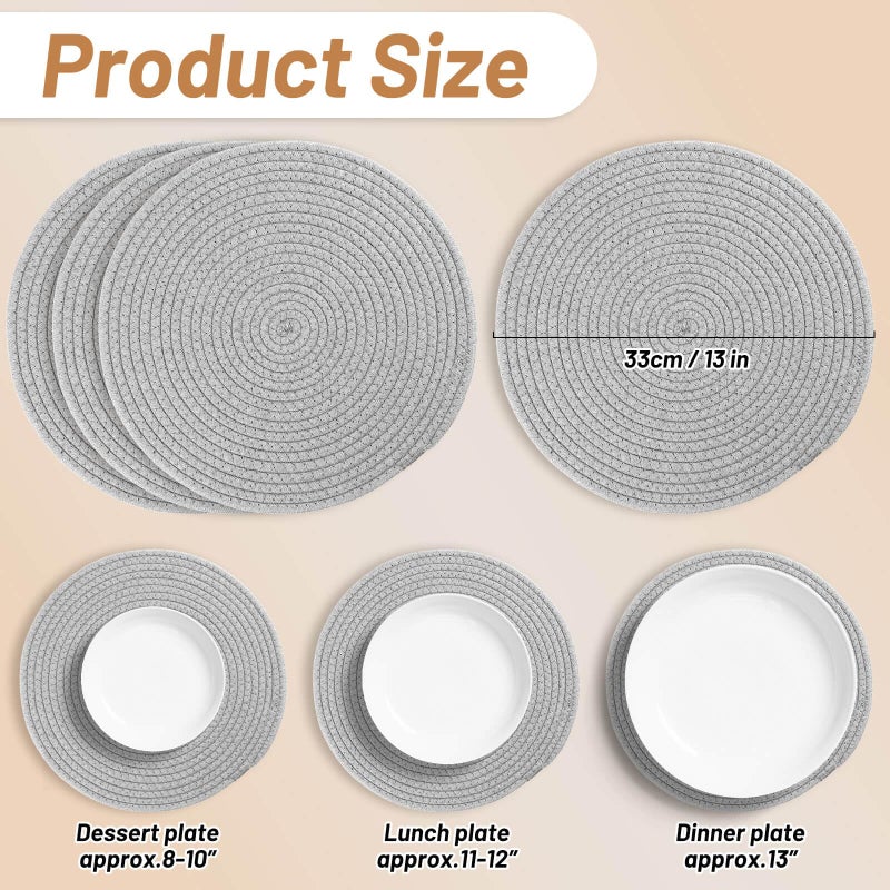 Billbotk Round Woven Placemats Set of 4, 13 Inches Table Place Mats for Dining Table, Hot Pads for Kitchen, Trivets for Hot Dishes, Pots and Pans,Tabletop Accessories(LightGray) ï»¿ - Image 2