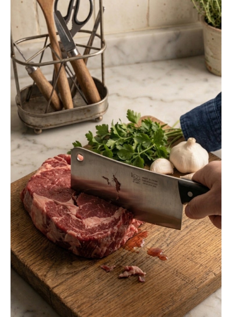 Black Handle Stainless Steel Cleaver – 35 cm – Made in China – Heavy-Duty Butcher Knife - Image 5