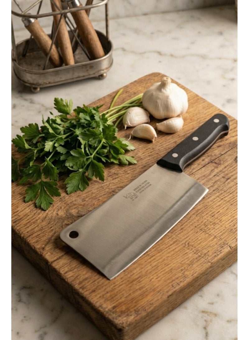 Black Handle Stainless Steel Cleaver – 35 cm – Made in China – Heavy-Duty Butcher Knife - Image 4
