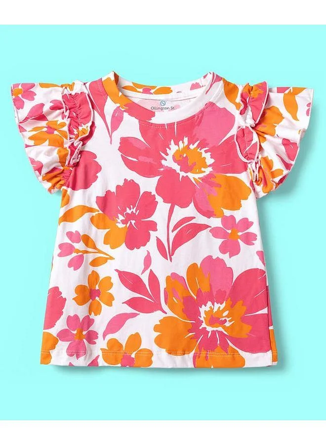 Ollington St. OLLINGTON ST. Cotton Knit Half Sleeve Floral Printed Frill Top &  Pant - Pink