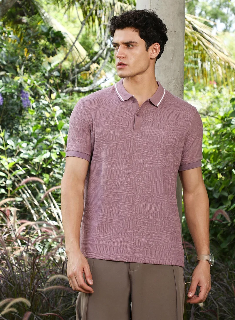 Campus Sutra Men's Mauve Purple Abstract-Tactile Knit Polo T-Shirt