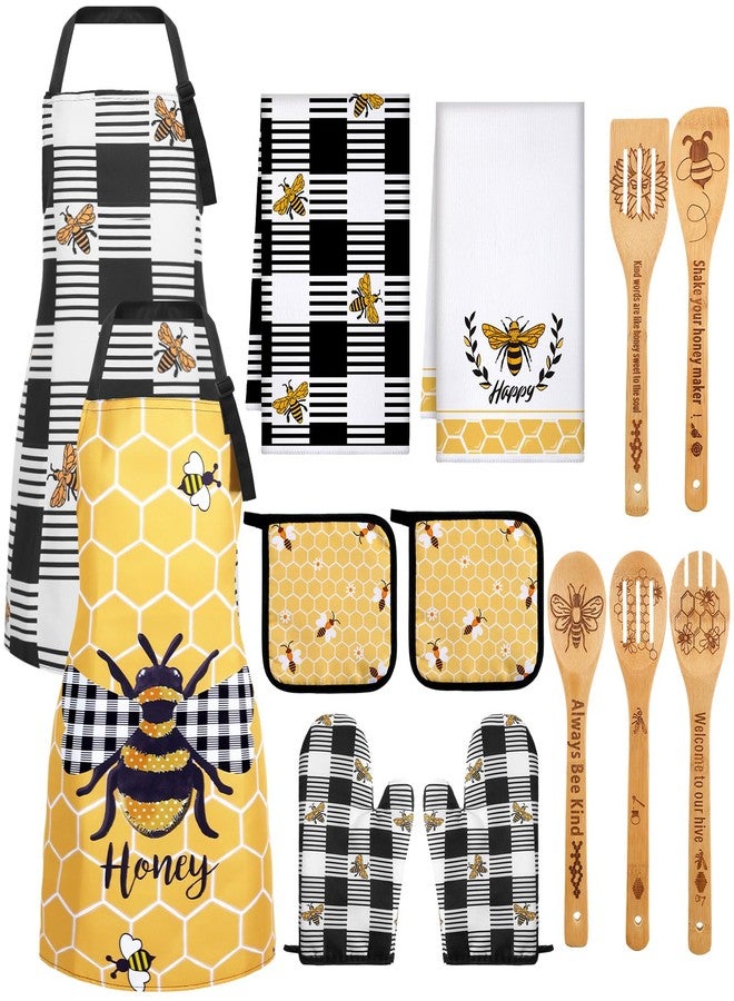 Bencailor 13 Pcs Bee Sunflower Farmhouse Kitchen Set Include 5 Cute Wooden Spoons 2 Kitchen Towels 2 Apron 2 Oven Mitts 2 Pot Holders for Housewarming Gifts (Yellow,Bee) - Image 1