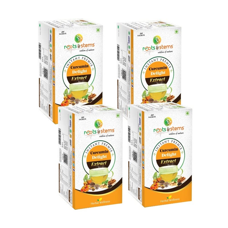 roots & stems Curcumin Delight Turmeric Tea | Instant Premix Extract Powder | Made of 9 Spices | For Skin & Joint Pain, Antioxidant and Antibacterial | 60g (3gx20 Sachets) Pack of 4 - Image 1