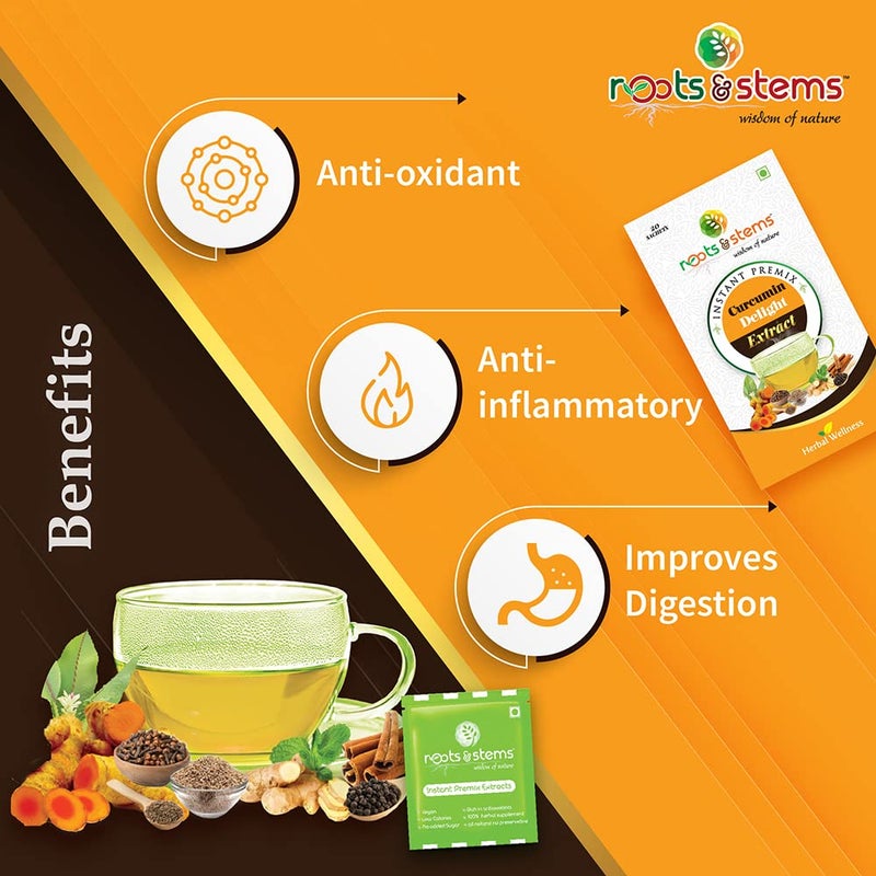 roots & stems Curcumin Delight Turmeric Tea | Instant Premix Extract Powder | Made of 9 Spices | For Skin & Joint Pain, Antioxidant and Antibacterial | 60g (3gx20 Sachets) Pack of 4 - Image 3