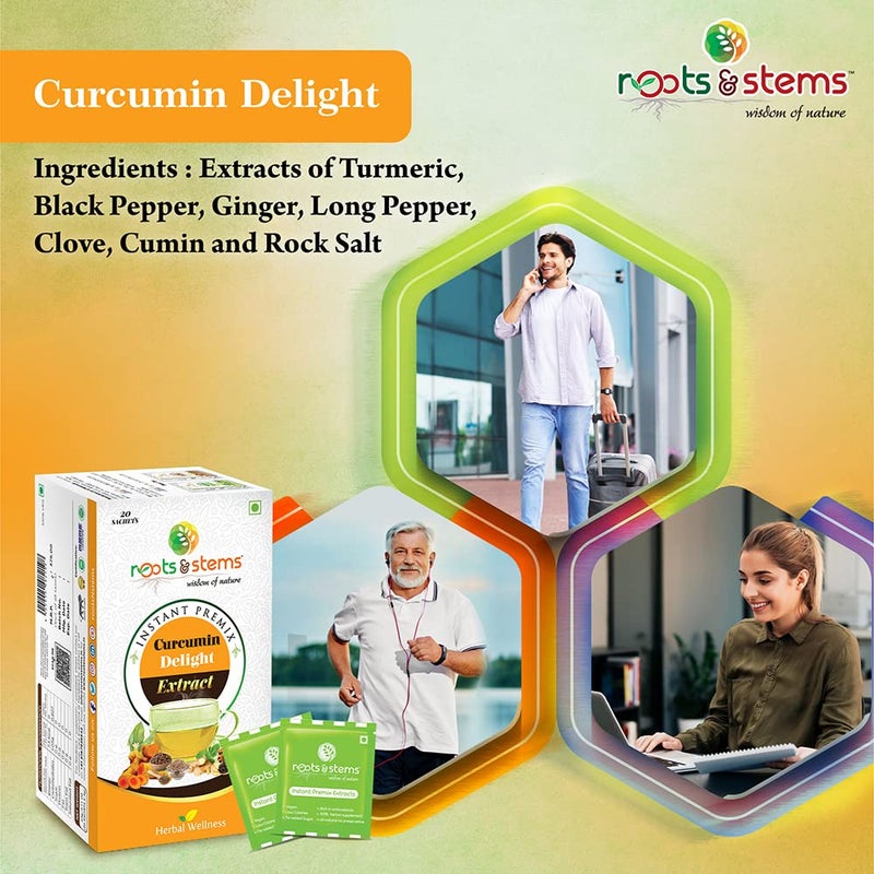 roots & stems Curcumin Delight Turmeric Tea | Instant Premix Extract Powder | Made of 9 Spices | For Skin & Joint Pain, Antioxidant and Antibacterial | 60g (3gx20 Sachets) Pack of 4 - Image 4