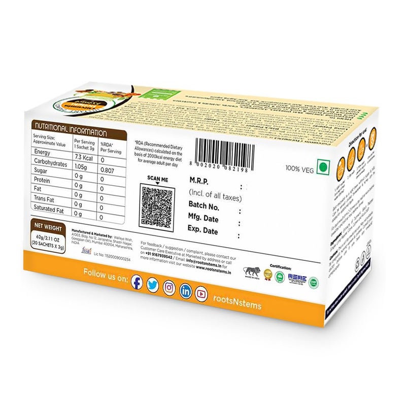 roots & stems Curcumin Delight Turmeric Tea | Instant Premix Extract Powder | Made of 9 Spices | For Skin & Joint Pain, Antioxidant and Antibacterial | 60g (3gx20 Sachets) Pack of 4 - Image 2